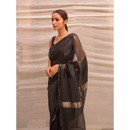 PRIYANKA RAAJIV Dharmini Black Patchwork Saree with Unstitched Blouse