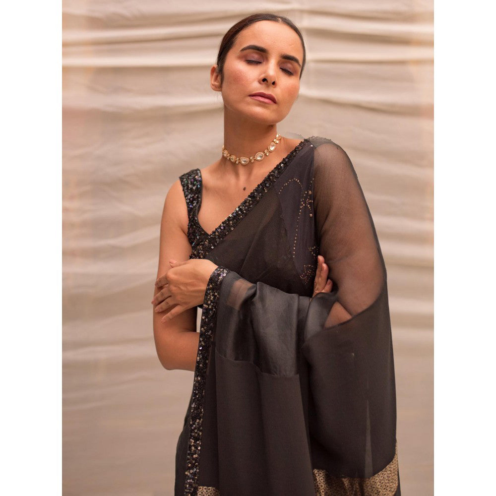 PRIYANKA RAAJIV Dharmini Black Patchwork Saree with Unstitched Blouse