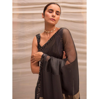 PRIYANKA RAAJIV Dharmini Black Patchwork Saree with Unstitched Blouse
