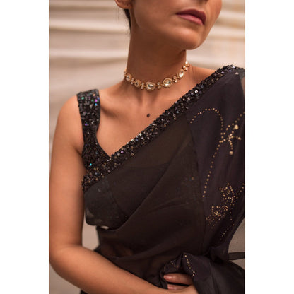 PRIYANKA RAAJIV Dharmini Black Patchwork Saree with Unstitched Blouse