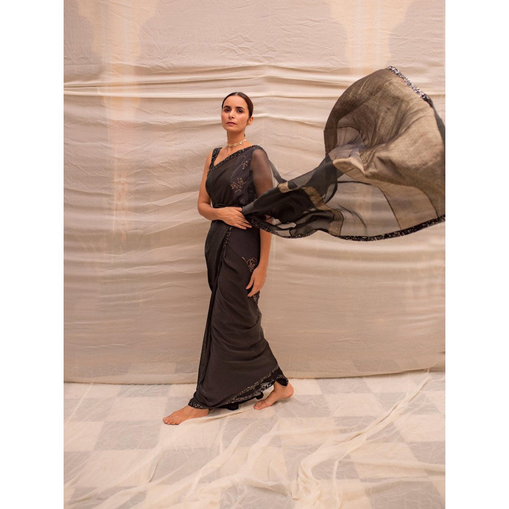 PRIYANKA RAAJIV Dharmini Black Patchwork Saree with Unstitched Blouse