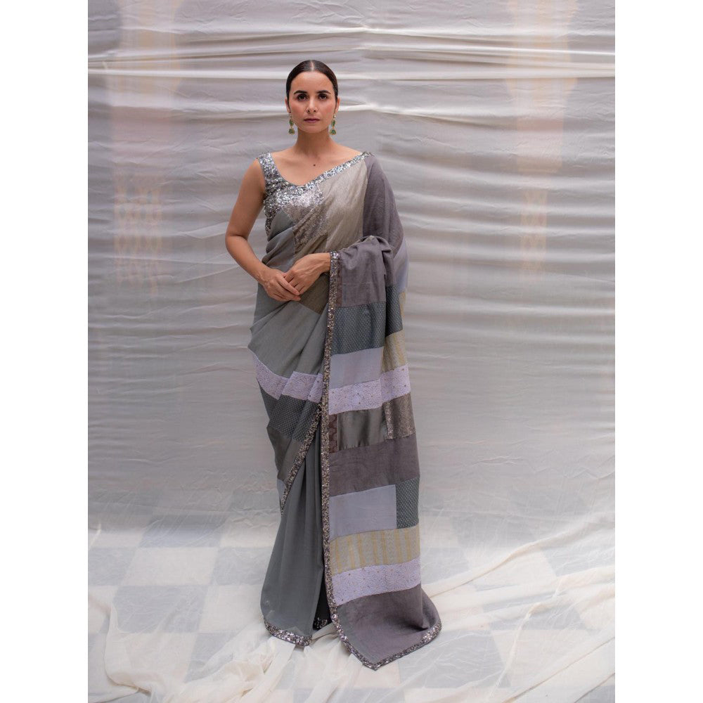 PRIYANKA RAAJIV Mahima Grey Patchwork Saree with Unstitched Blouse