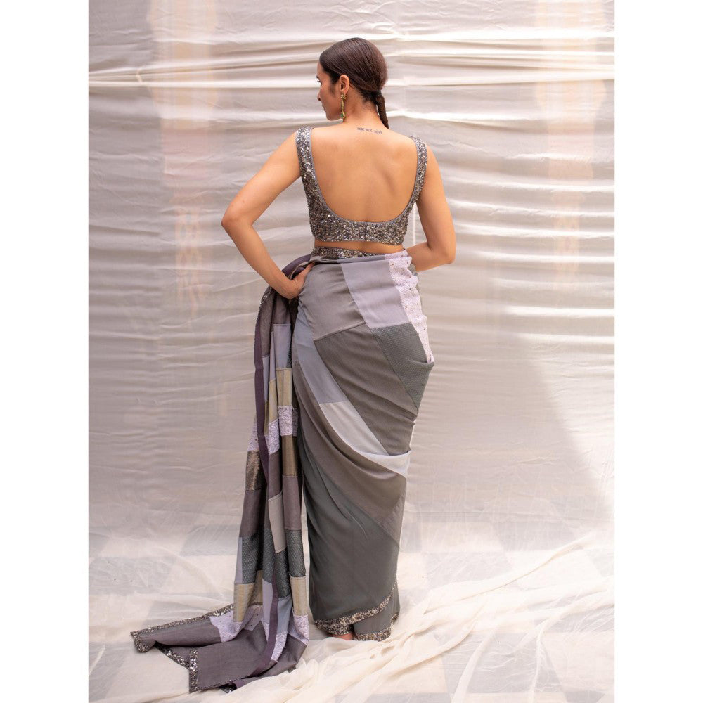 PRIYANKA RAAJIV Mahima Grey Patchwork Saree with Unstitched Blouse