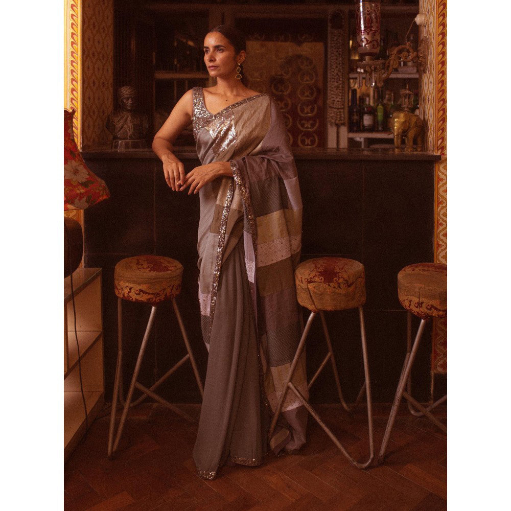 PRIYANKA RAAJIV Mahima Grey Patchwork Saree with Unstitched Blouse