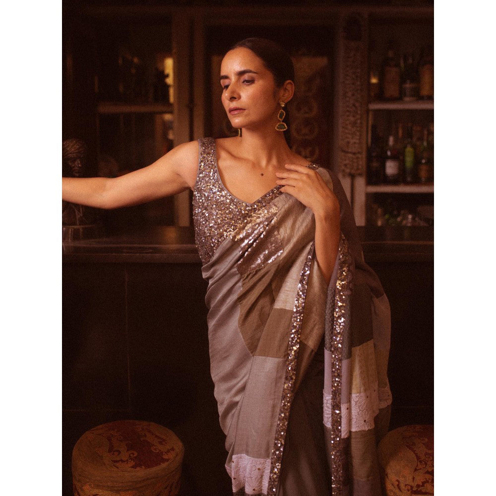 PRIYANKA RAAJIV Mahima Grey Patchwork Saree with Unstitched Blouse