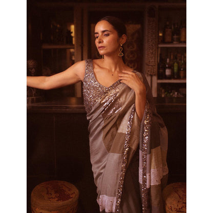 PRIYANKA RAAJIV Mahima Grey Patchwork Saree with Unstitched Blouse