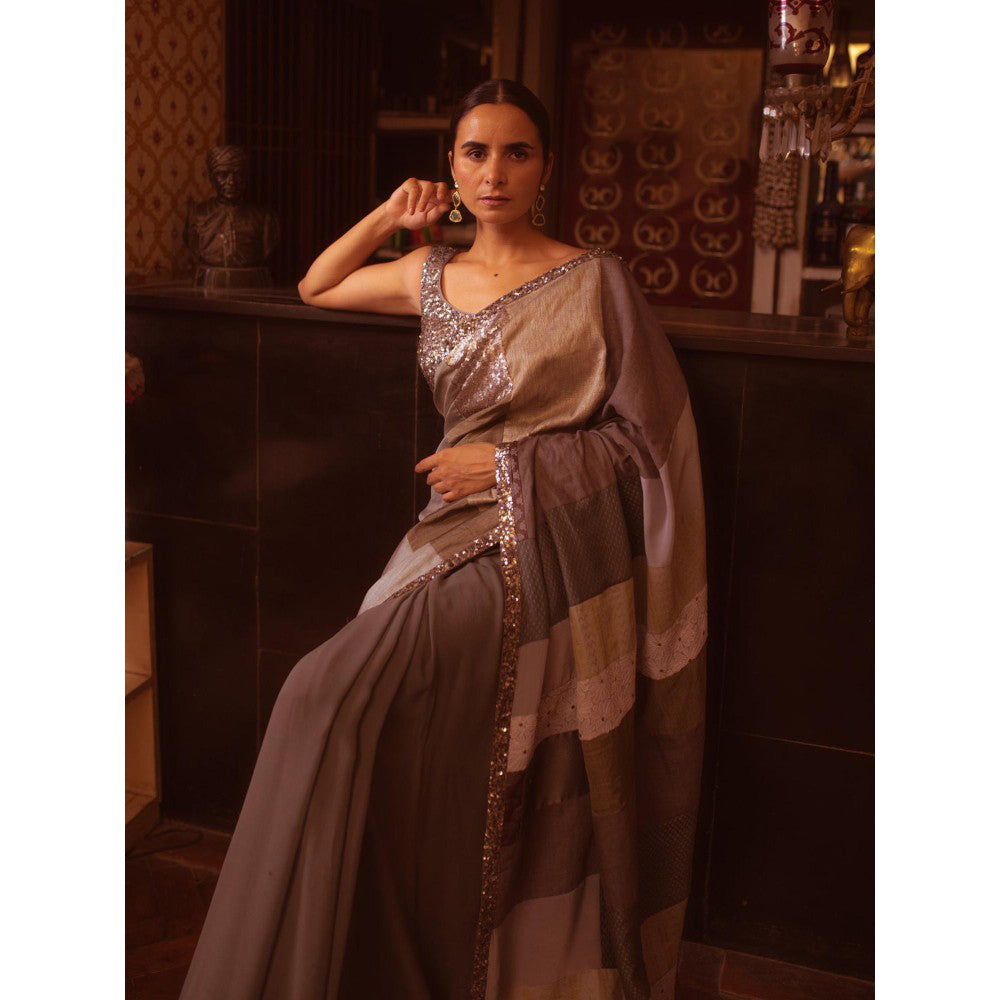 PRIYANKA RAAJIV Mahima Grey Patchwork Saree with Unstitched Blouse