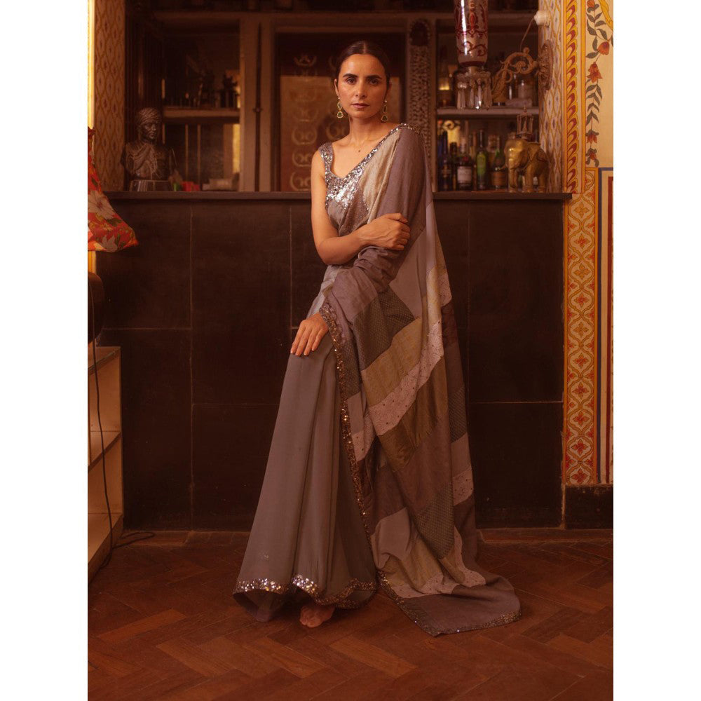 PRIYANKA RAAJIV Mahima Grey Patchwork Saree with Unstitched Blouse