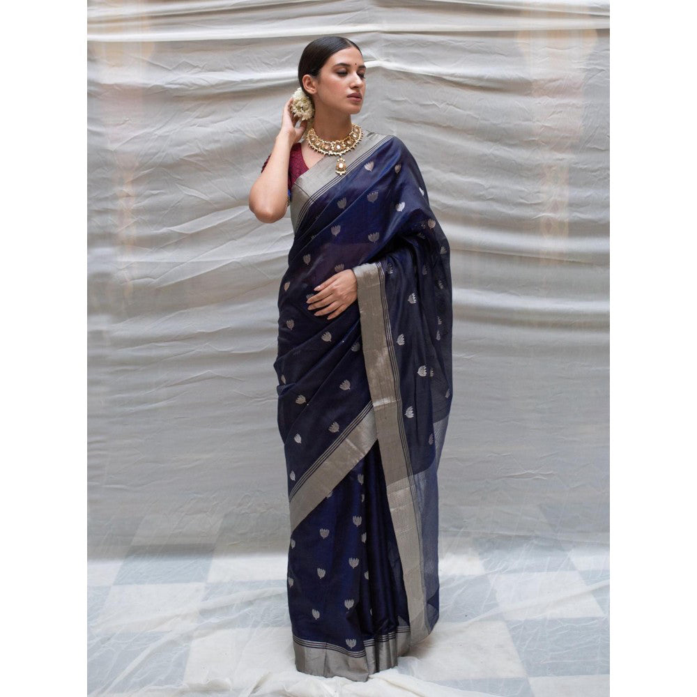 PRIYANKA RAAJIV Devi Navy Blue Chanderi Saree with Lotus Butis with Unstitched Blouse