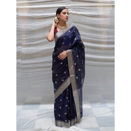 PRIYANKA RAAJIV Devi Navy Blue Chanderi Saree with Lotus Butis with Unstitched Blouse