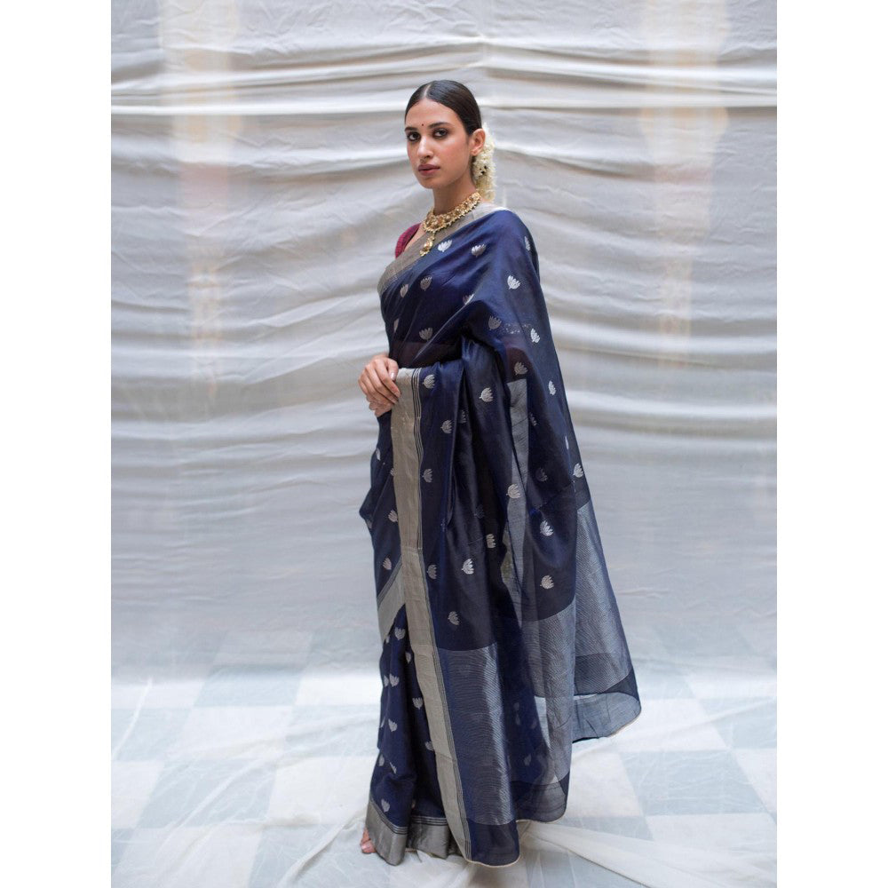 PRIYANKA RAAJIV Devi Navy Blue Chanderi Saree with Lotus Butis with Unstitched Blouse