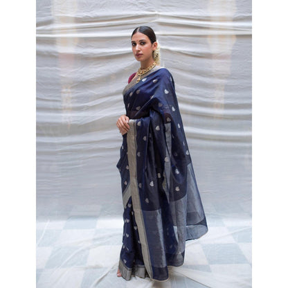 PRIYANKA RAAJIV Devi Navy Blue Chanderi Saree with Lotus Butis with Unstitched Blouse
