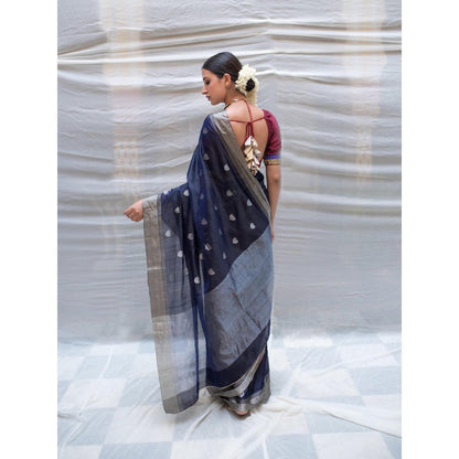 PRIYANKA RAAJIV Devi Navy Blue Chanderi Saree with Lotus Butis with Unstitched Blouse