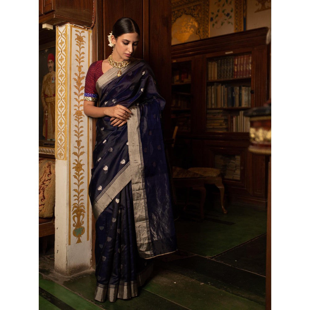 PRIYANKA RAAJIV Devi Navy Blue Chanderi Saree with Lotus Butis with Unstitched Blouse