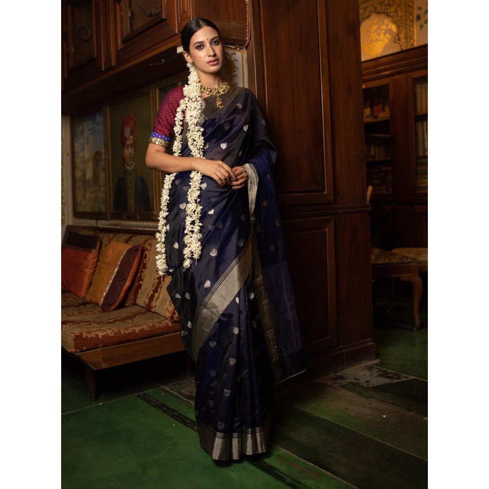 PRIYANKA RAAJIV Devi Navy Blue Chanderi Saree with Lotus Butis with Unstitched Blouse