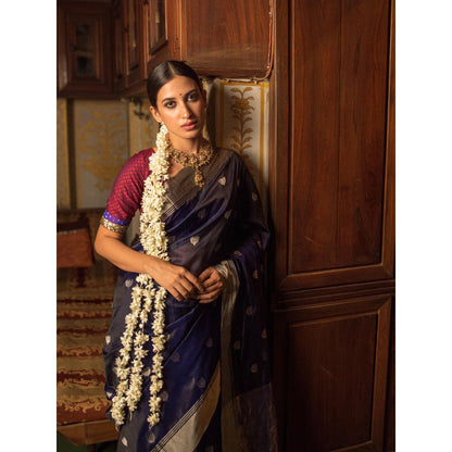 PRIYANKA RAAJIV Devi Navy Blue Chanderi Saree with Lotus Butis with Unstitched Blouse