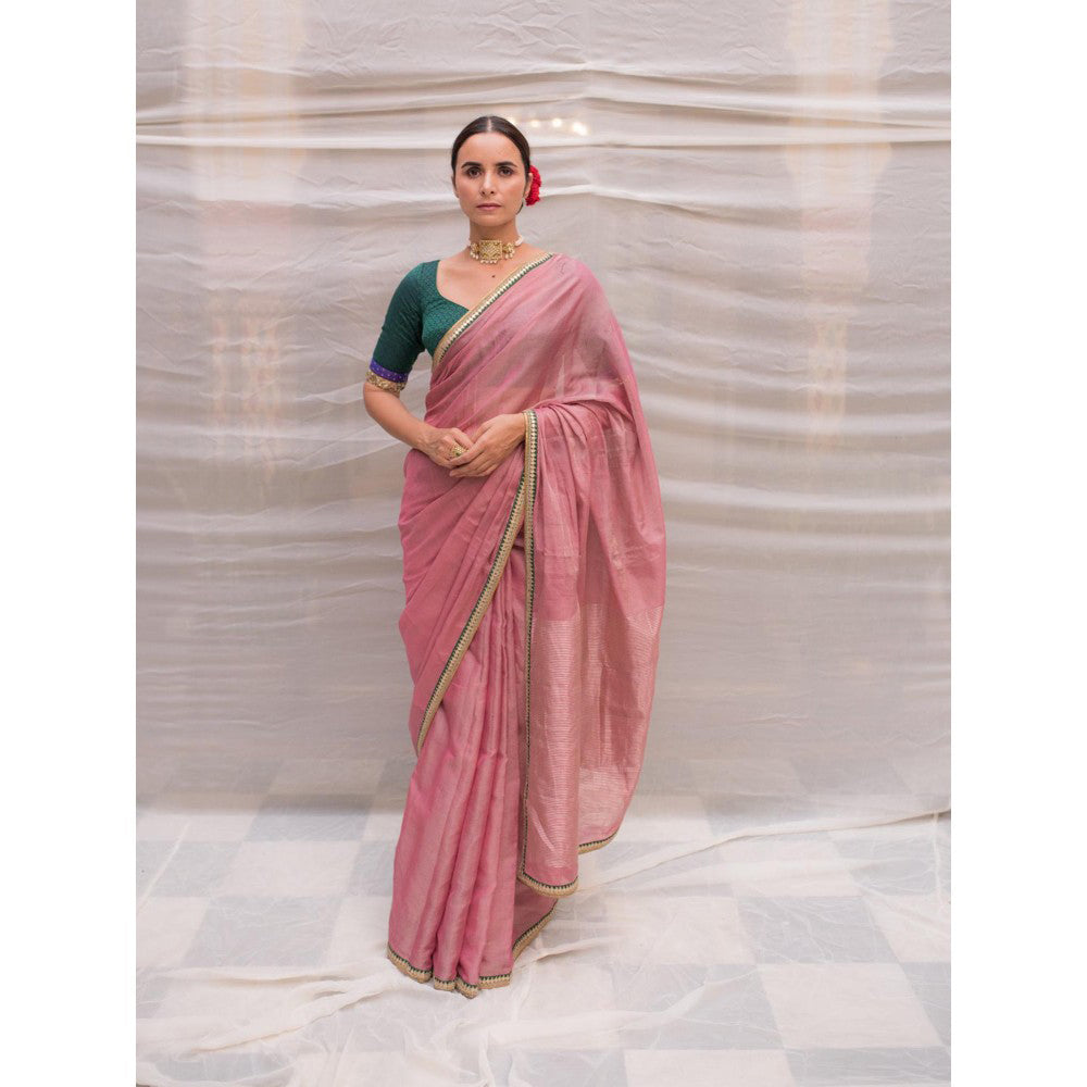 PRIYANKA RAAJIV Durga Pink Chanderi Tissue Saree with Hand Zardozi Border with Unstitched Blouse