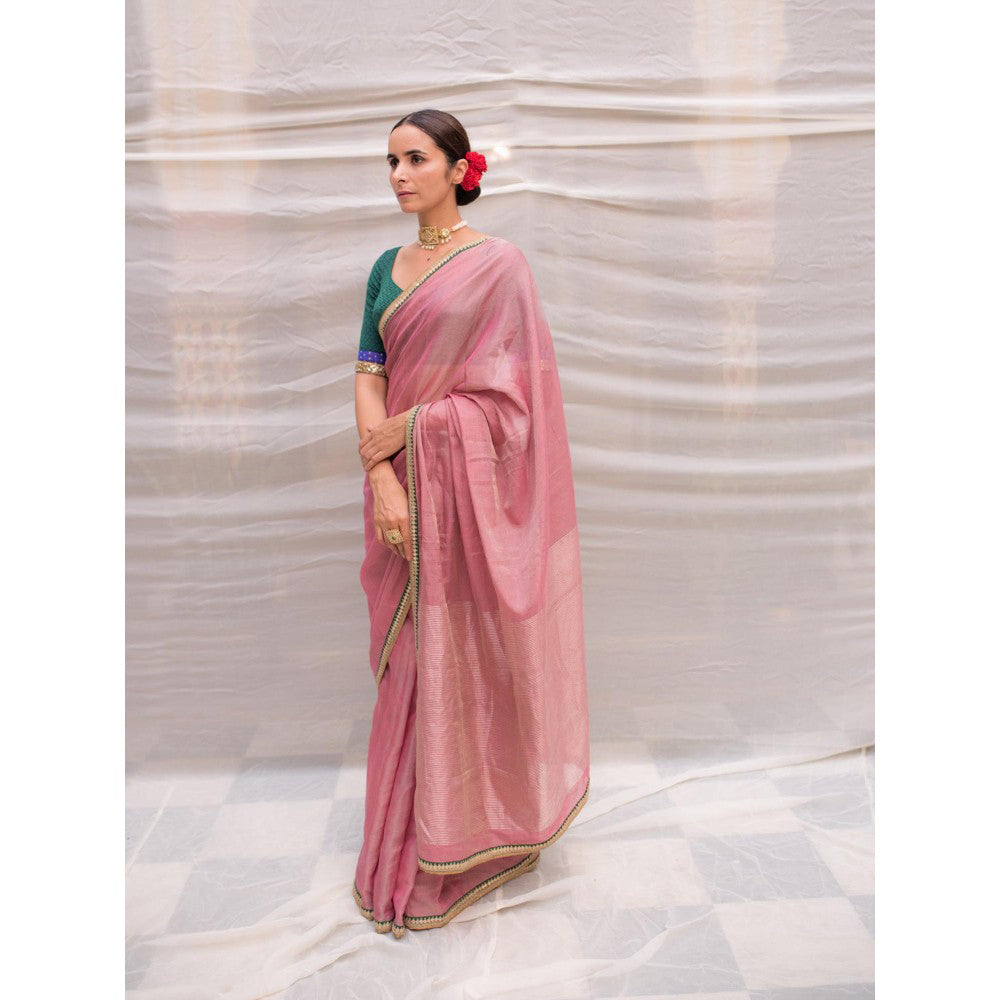 PRIYANKA RAAJIV Durga Pink Chanderi Tissue Saree with Hand Zardozi Border with Unstitched Blouse