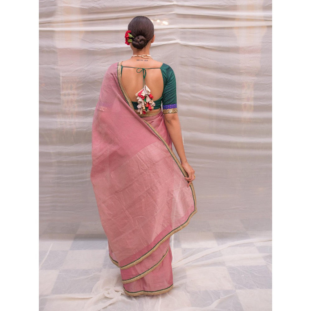 PRIYANKA RAAJIV Durga Pink Chanderi Tissue Saree with Hand Zardozi Border with Unstitched Blouse