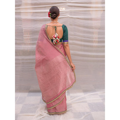 PRIYANKA RAAJIV Durga Pink Chanderi Tissue Saree with Hand Zardozi Border with Unstitched Blouse