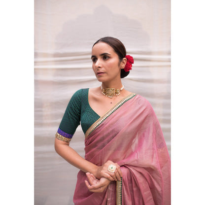 PRIYANKA RAAJIV Durga Pink Chanderi Tissue Saree with Hand Zardozi Border with Unstitched Blouse