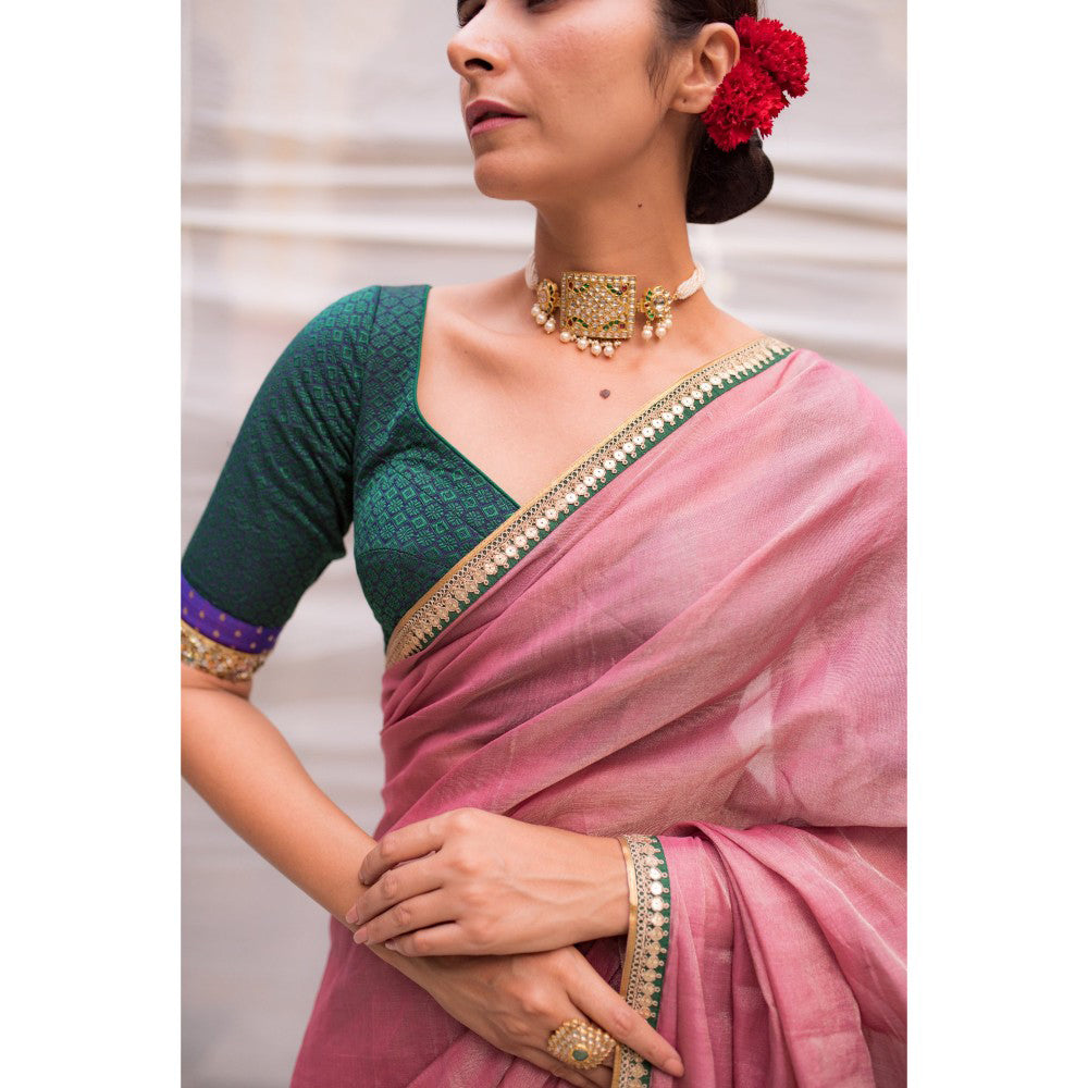 PRIYANKA RAAJIV Durga Pink Chanderi Tissue Saree with Hand Zardozi Border with Unstitched Blouse