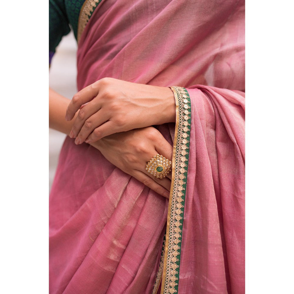 PRIYANKA RAAJIV Durga Pink Chanderi Tissue Saree with Hand Zardozi Border with Unstitched Blouse