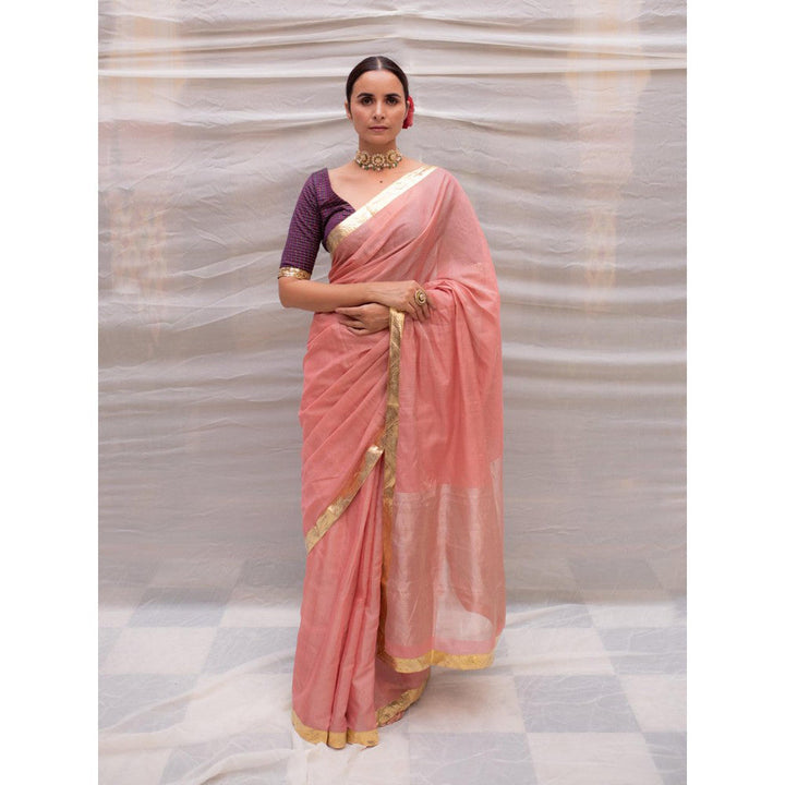 PRIYANKA RAAJIV Nandini Pink Chanderi Tissue Saree with Unstitched Blouse