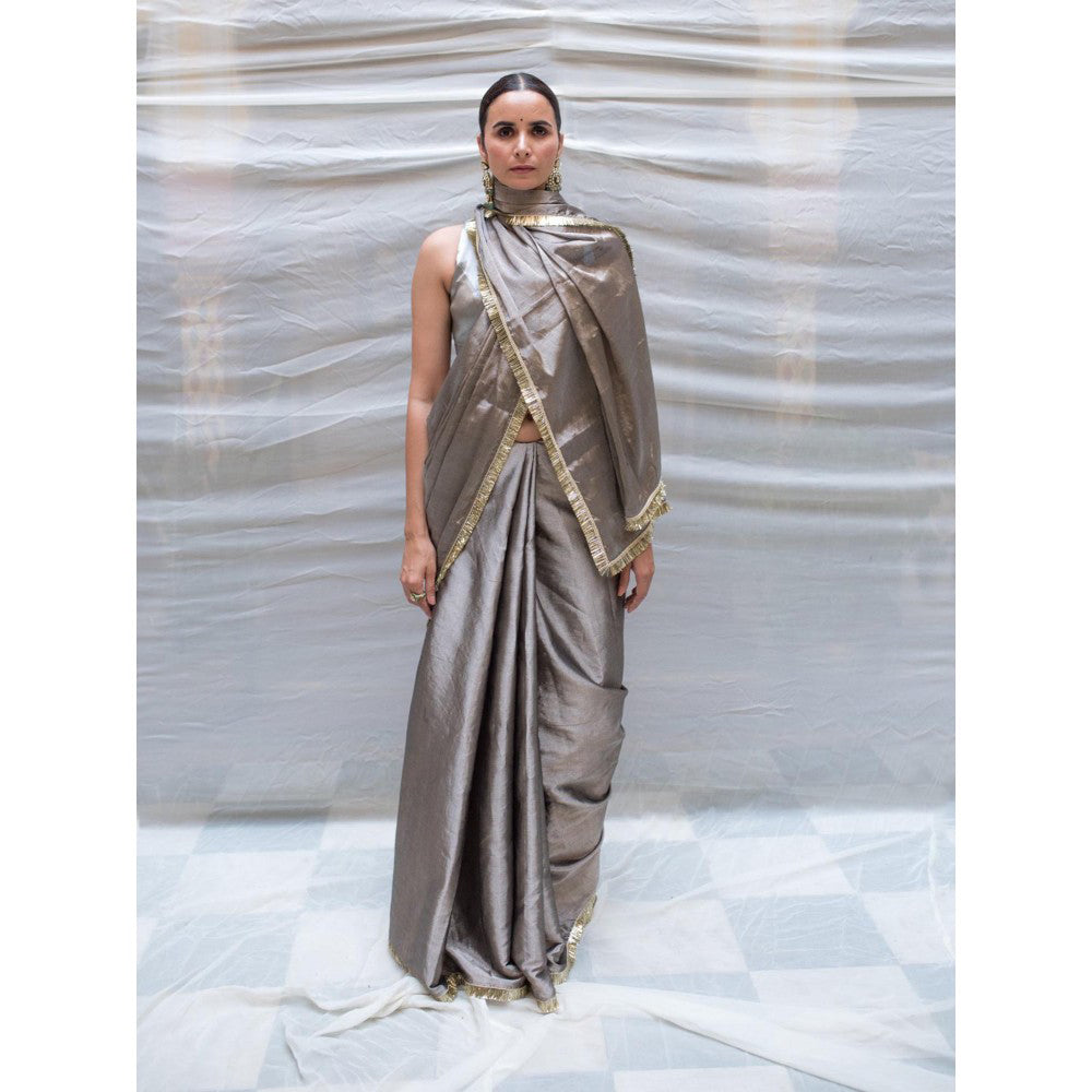 PRIYANKA RAAJIV Kamala Vintage Silver Chanderi Saree with Unstitched Blouse