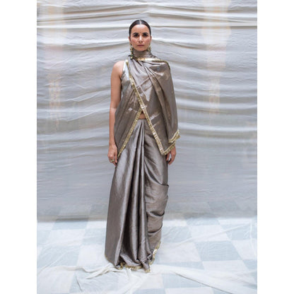 PRIYANKA RAAJIV Kamala Vintage Silver Chanderi Saree with Unstitched Blouse