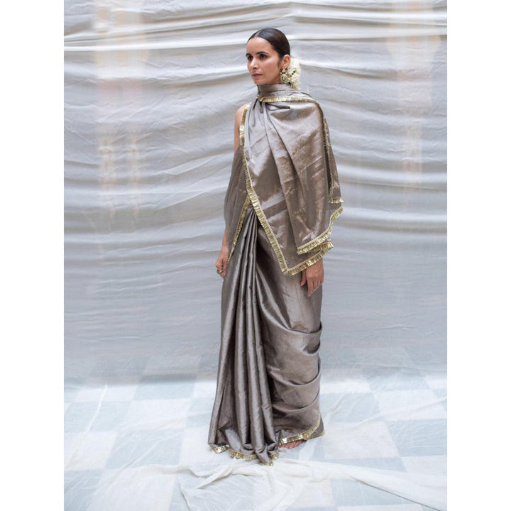 PRIYANKA RAAJIV Kamala Vintage Silver Chanderi Saree with Unstitched Blouse