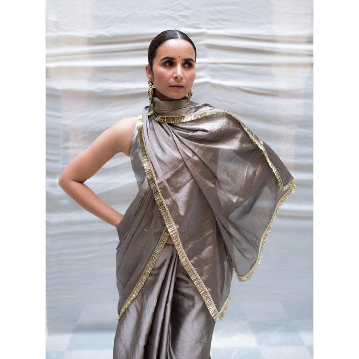 PRIYANKA RAAJIV Kamala Vintage Silver Chanderi Saree with Unstitched Blouse
