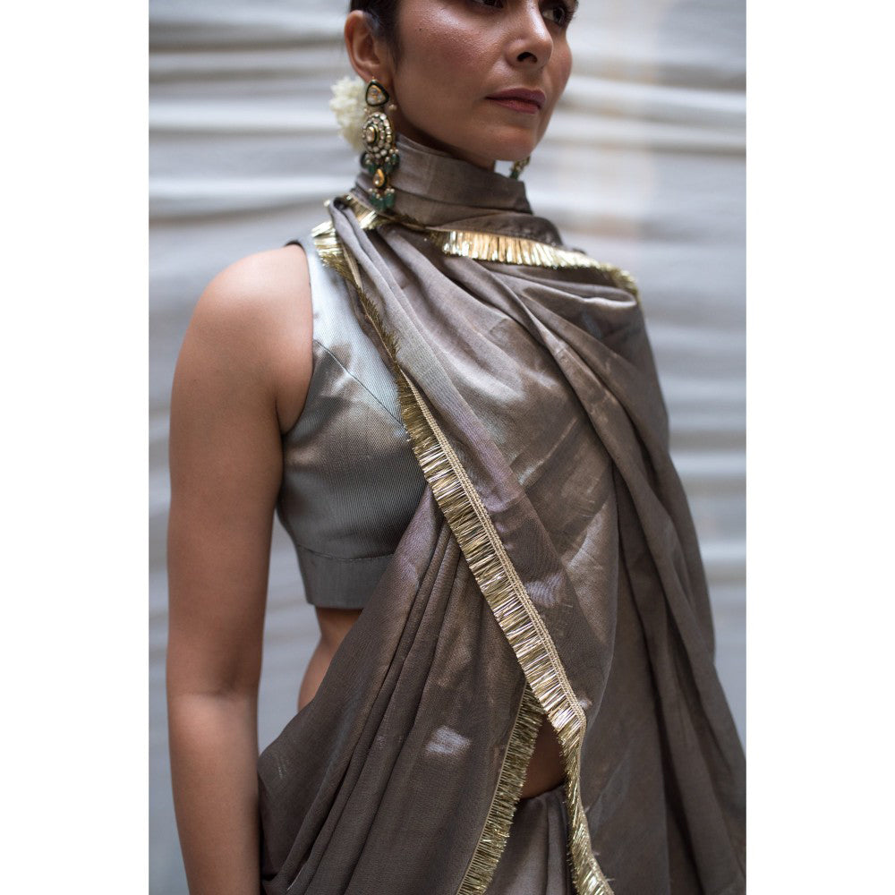 PRIYANKA RAAJIV Kamala Vintage Silver Chanderi Saree with Unstitched Blouse