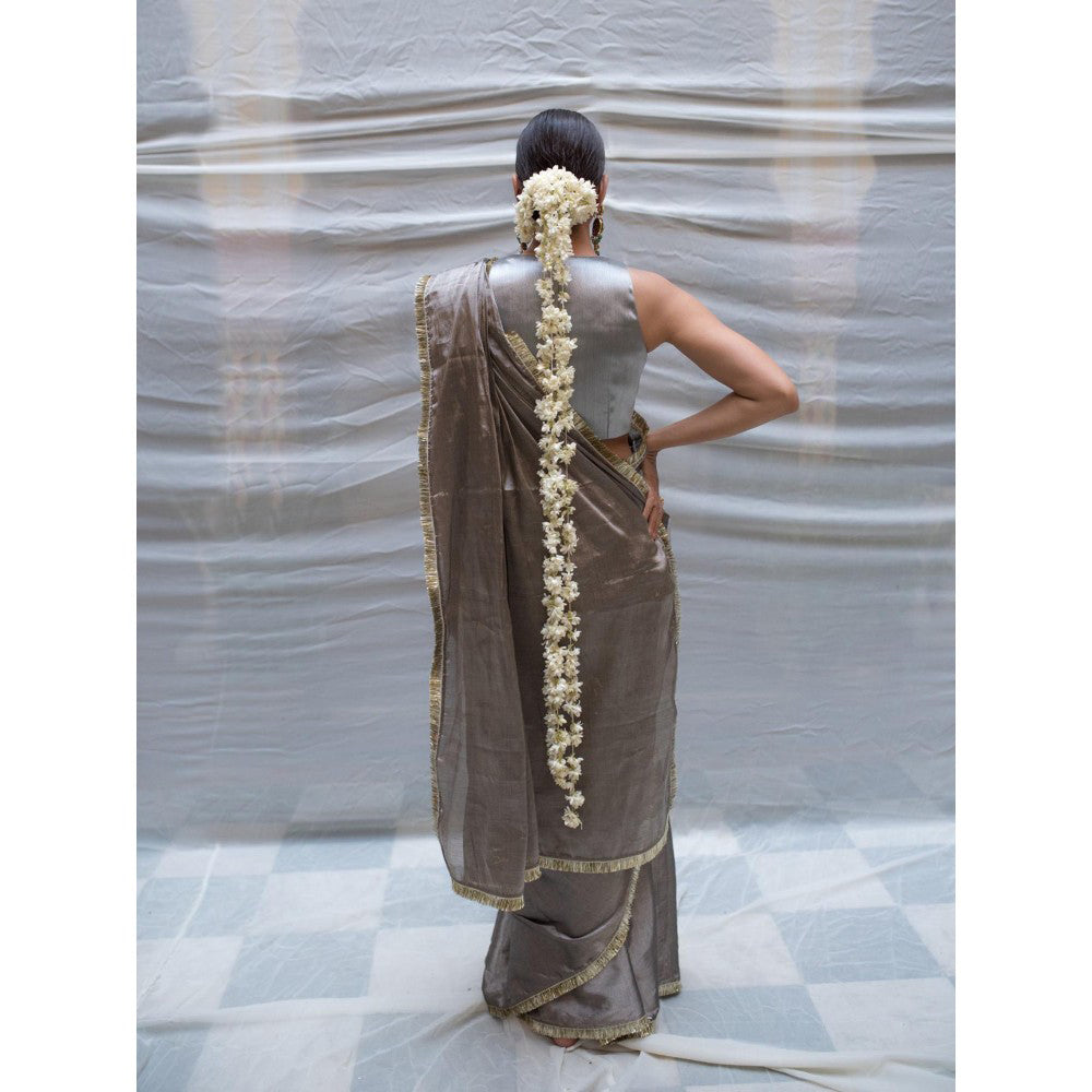 PRIYANKA RAAJIV Kamala Vintage Silver Chanderi Saree with Unstitched Blouse
