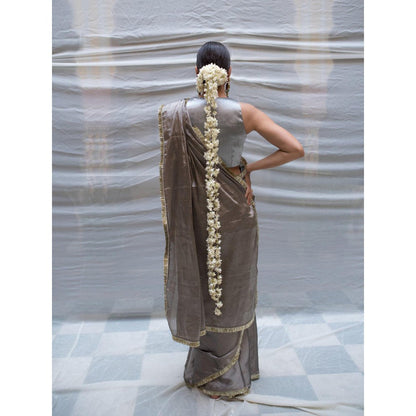 PRIYANKA RAAJIV Kamala Vintage Silver Chanderi Saree with Unstitched Blouse