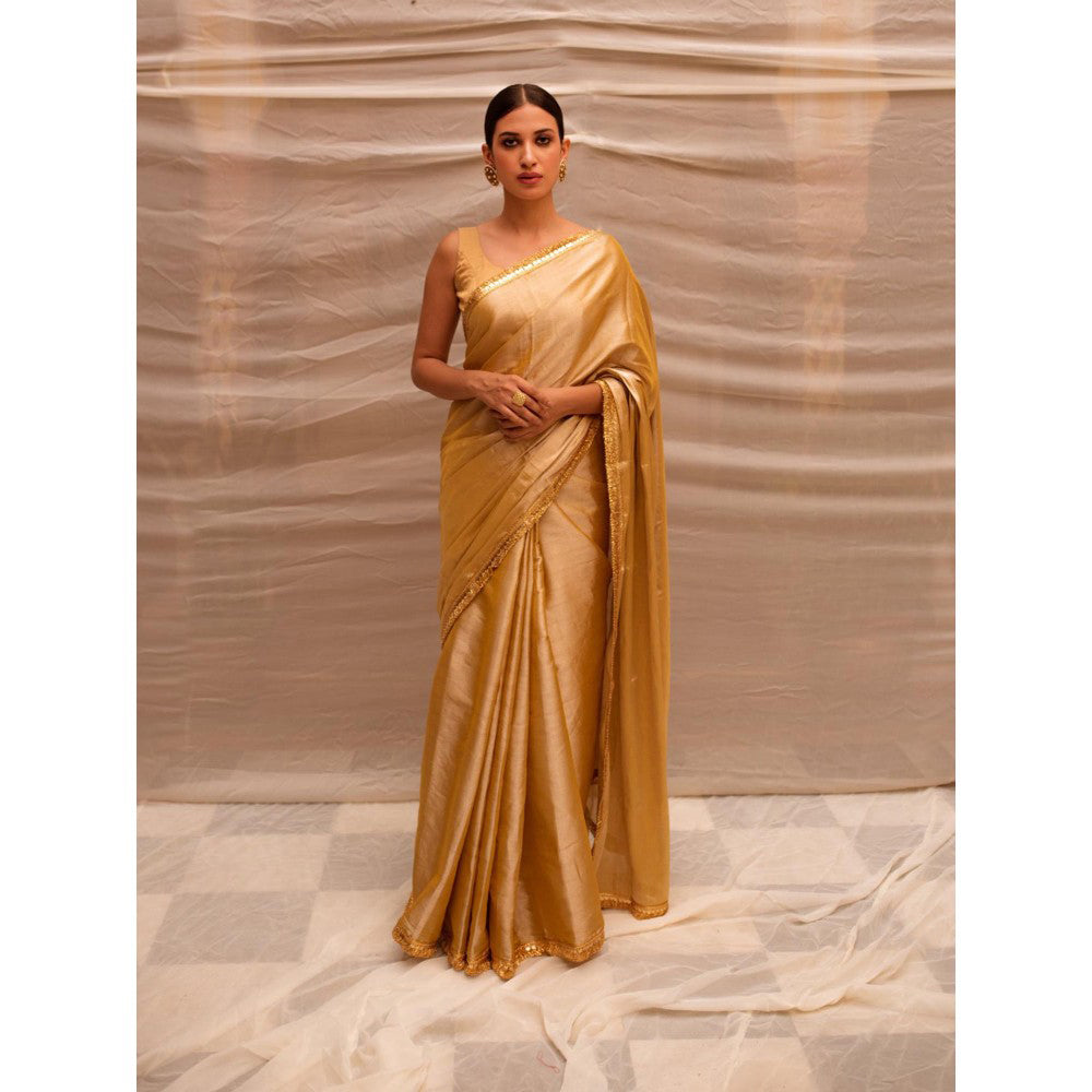 PRIYANKA RAAJIV Bhuvaneshwari Beige Chanderi Tissue Saree with Unstitched Blouse