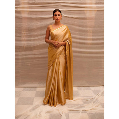 PRIYANKA RAAJIV Bhuvaneshwari Beige Chanderi Tissue Saree with Unstitched Blouse