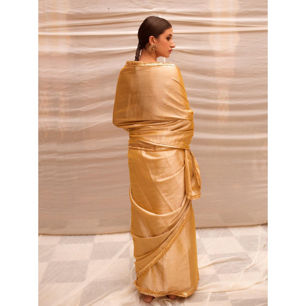 PRIYANKA RAAJIV Bhuvaneshwari Beige Chanderi Tissue Saree with Unstitched Blouse