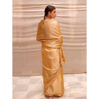 PRIYANKA RAAJIV Bhuvaneshwari Beige Chanderi Tissue Saree with Unstitched Blouse