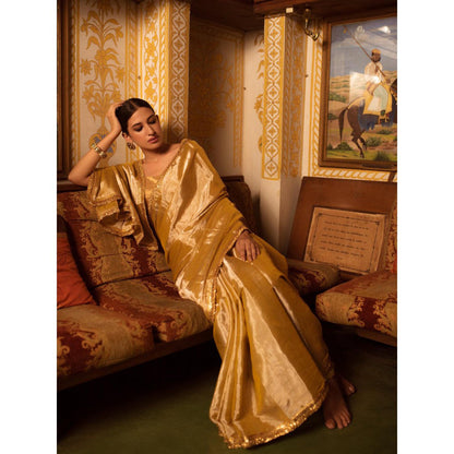 PRIYANKA RAAJIV Bhuvaneshwari Beige Chanderi Tissue Saree with Unstitched Blouse