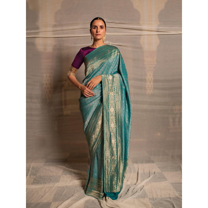 PRIYANKA RAAJIV Jaishree Teal Silk Georgette Saree with All Over with Unstitched Blouse