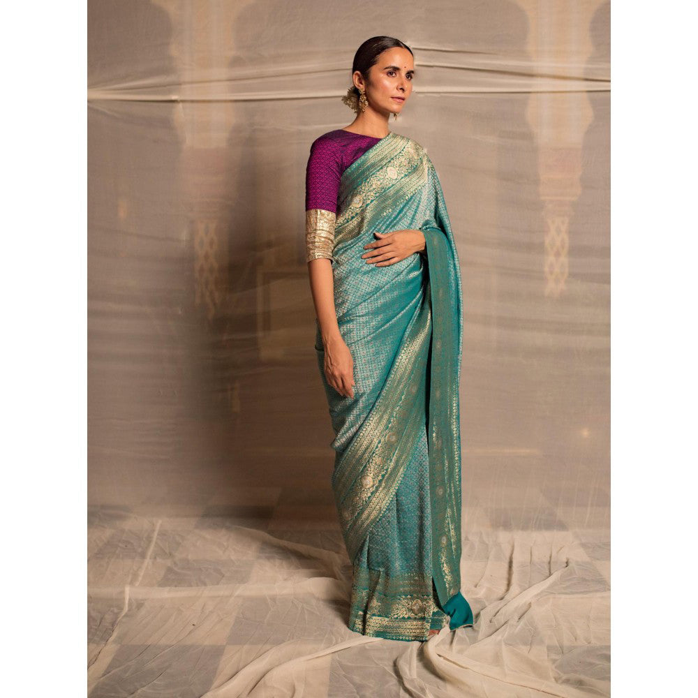 PRIYANKA RAAJIV Jaishree Teal Silk Georgette Saree with All Over with Unstitched Blouse