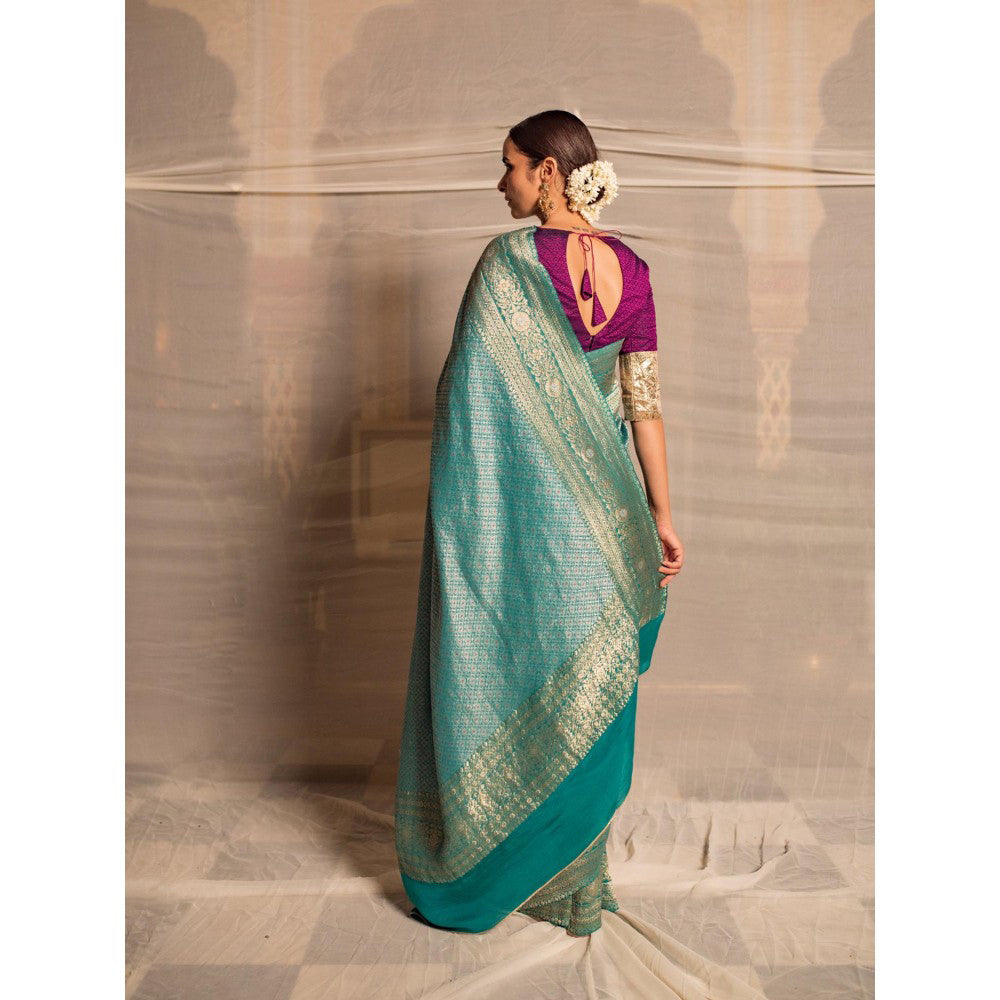 PRIYANKA RAAJIV Jaishree Teal Silk Georgette Saree with All Over with Unstitched Blouse