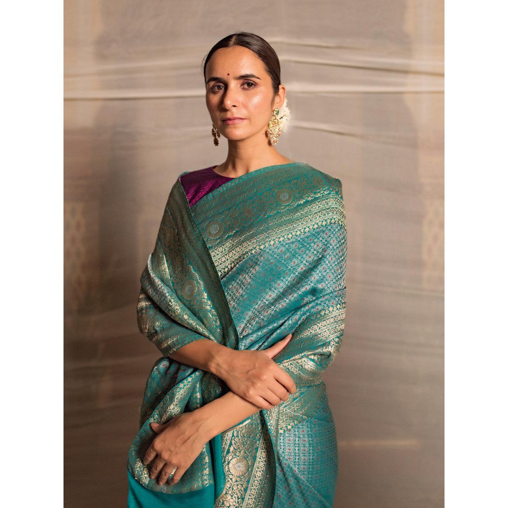 PRIYANKA RAAJIV Jaishree Teal Silk Georgette Saree with All Over with Unstitched Blouse