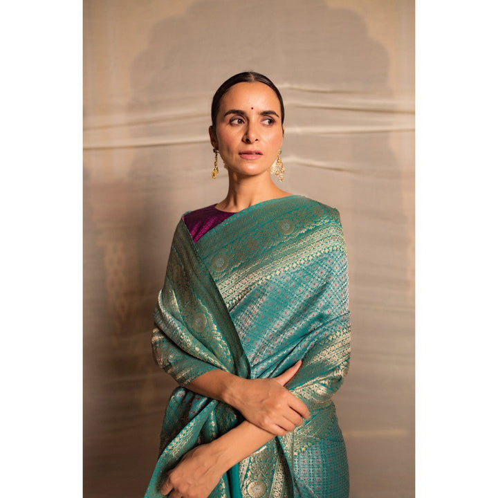 PRIYANKA RAAJIV Jaishree Teal Silk Georgette Saree with All Over with Unstitched Blouse