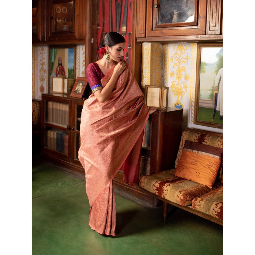 PRIYANKA RAAJIV Minakshi Pink Brocade Banarasi Saree with All Over Jaal with Unstitched Blouse