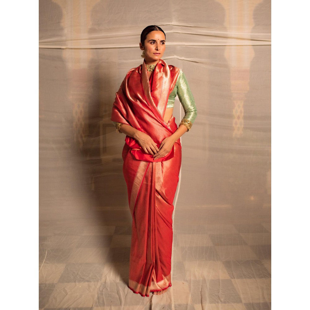 PRIYANKA RAAJIV Manika Red Silk Tissue Banarasi Saree with Unstitched Blouse