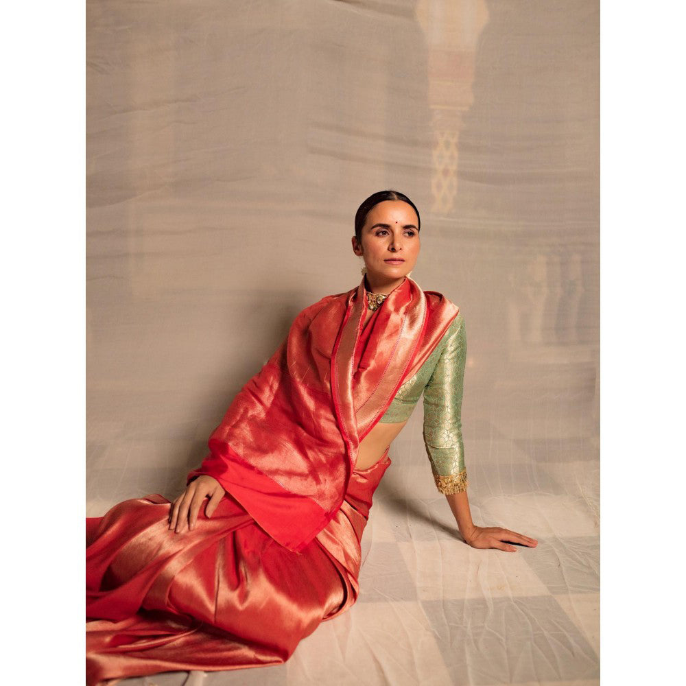 PRIYANKA RAAJIV Manika Red Silk Tissue Banarasi Saree with Unstitched Blouse