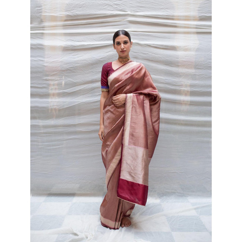 PRIYANKA RAAJIV Charu Burgundy Silk Tissue Banarasi Saree with Unstitched Blouse