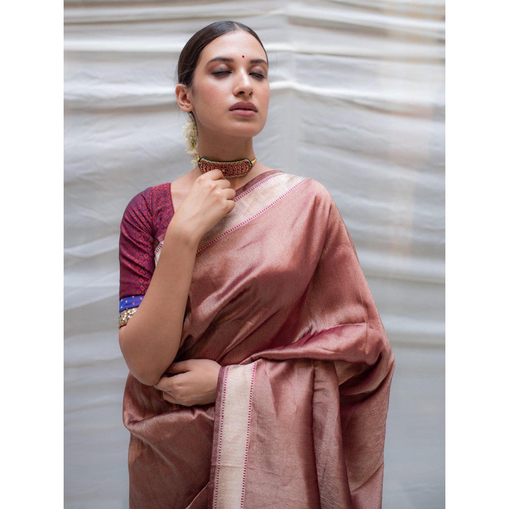 PRIYANKA RAAJIV Charu Burgundy Silk Tissue Banarasi Saree with Unstitched Blouse